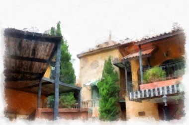 Eski İtalyan köyü mimarisi suluboya resim çizimi çiziyor..