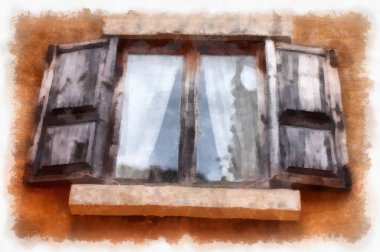 Eski İtalyan köyü mimarisi suluboya resim çizimi çiziyor..