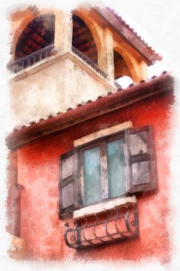 Eski İtalyan köyü mimarisi suluboya resim çizimi çiziyor..