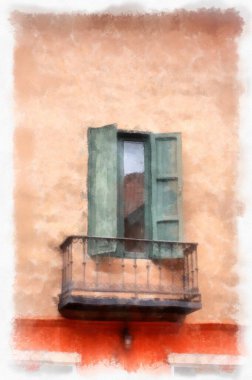 Eski İtalyan köyü mimarisi suluboya resim çizimi çiziyor..