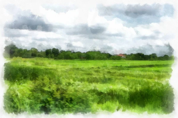 草甸与山林云天水彩画风格印象派绘画 — 图库照片