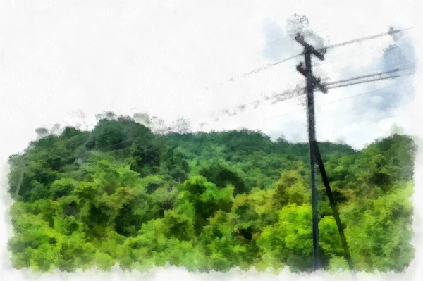 Prados Montanhas Floresta Nuvens Céu Aquarela Estilo Ilustração Impressionista Pintura — Fotografia de Stock