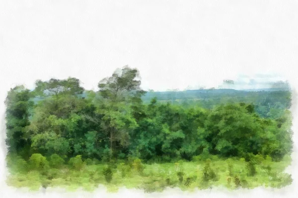 Łąki Góry Leśne Chmury Niebo Akwarela Styl Ilustracja Impresjonistyczne Malarstwo — Zdjęcie stockowe