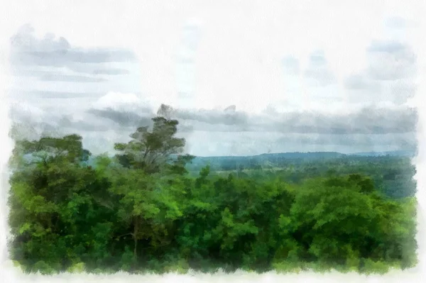 Çayırlar Dağlar Orman Bulutları Gökyüzü Suluboya Stili Illüstrasyon Ressamı — Stok fotoğraf