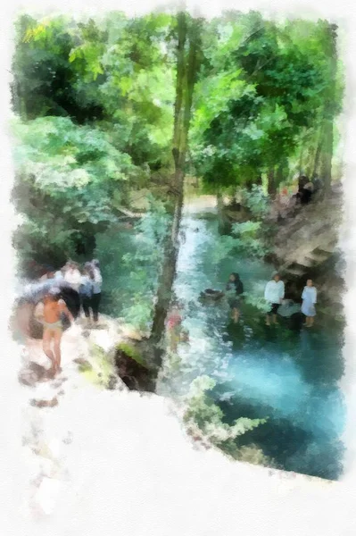 Streams Natural Forests Have Clear Green Water People Swim Watercolor — Foto Stock