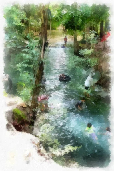 Streams Natural Forests Have Clear Green Water People Swim Watercolor — Fotografia de Stock