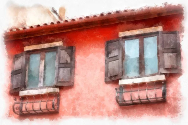 Ancient Italian Village Architecture Building Watercolor Style Illustration Impressionist Painting — Φωτογραφία Αρχείου