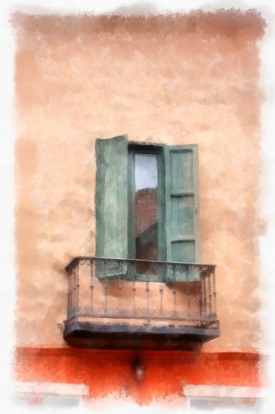 Ancient Italian Village Architecture Building Watercolor Style Illustration Impressionist Painting — стокове фото