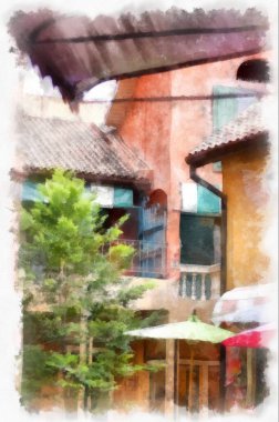 Eski İtalyan köyü mimarisi suluboya resim çizimi çiziyor..