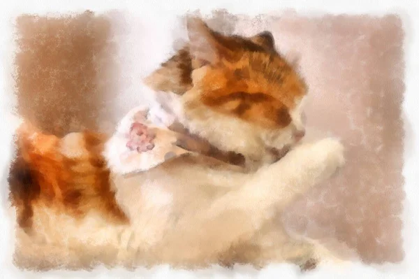 Cats Various Cute Poses Watercolor Style Illustration Impressionist Painting — стоковое фото