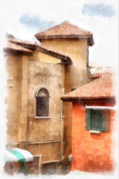Ancient Italian Village Architecture Building Watercolor Style Illustration Impressionist Painting — 图库照片
