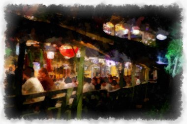 Restoranın içi geceleri ahşaptan yapılma suluboya resim çizimi izlenimcisi..