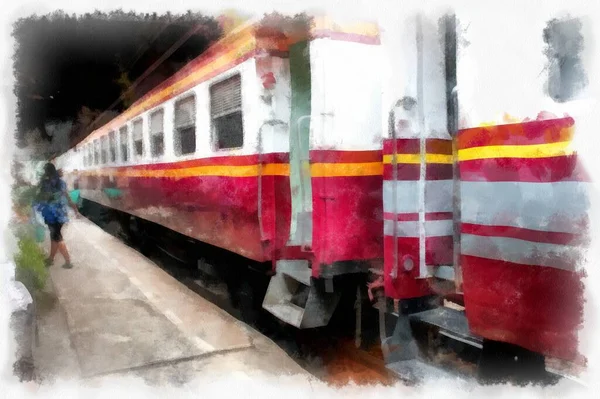 Tren Istasyonundaki Tren Suluboya Stil Illüstrasyon Ressamı — Stok fotoğraf