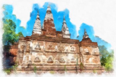 Kuzey Tayland 'ın antik mimarisi suluboya resim çizimi.