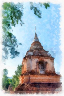 Kuzey Tayland 'ın antik mimarisi suluboya resim çizimi.