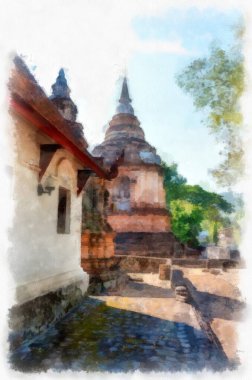 Kuzey Tayland 'ın antik mimarisi suluboya resim çizimi.