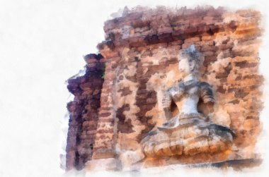 Kuzey Tayland 'ın antik mimarisi suluboya resim çizimi.