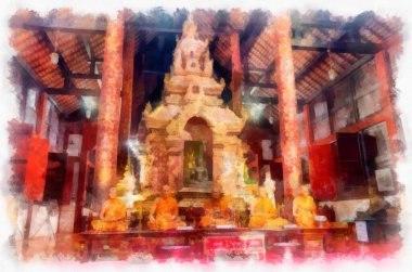 Kuzey Tayland 'ın antik mimarisi suluboya resim çizimi.