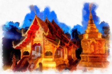 Kuzey Tayland 'ın antik mimarisi suluboya resim çizimi.