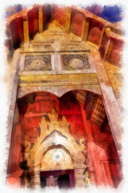 Kuzey Tayland 'ın antik mimarisi suluboya resim çizimi.