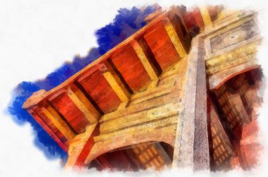 Kuzey Tayland 'ın antik mimarisi suluboya resim çizimi.