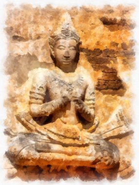 Kuzey Tayland 'ın antik mimarisi suluboya resim çizimi.