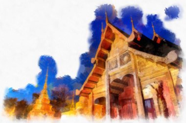 Kuzey Tayland 'ın antik mimarisi suluboya resim çizimi.