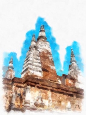 Kuzey Tayland 'ın antik mimarisi suluboya resim çizimi.