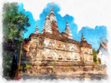 Kuzey Tayland 'ın antik mimarisi suluboya resim çizimi.