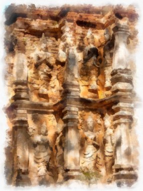 Kuzey Tayland 'ın antik mimarisi suluboya resim çizimi.