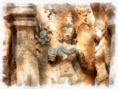 Kuzey Tayland 'ın antik mimarisi suluboya resim çizimi.