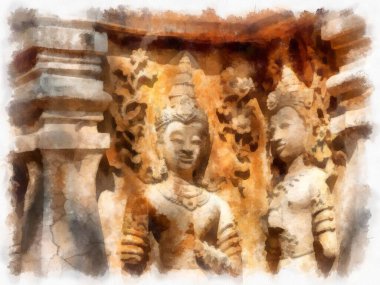 Kuzey Tayland 'ın antik mimarisi suluboya resim çizimi.