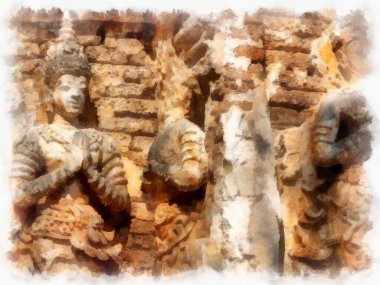 Kuzey Tayland 'ın antik mimarisi suluboya resim çizimi.