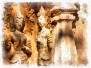 Kuzey Tayland 'ın antik mimarisi suluboya resim çizimi.