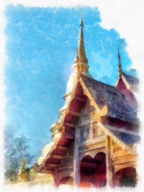 Kuzey Tayland 'ın antik mimarisi suluboya resim çizimi.