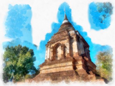 Kuzey Tayland 'ın antik mimarisi suluboya resim çizimi.