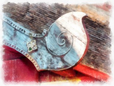 Kuzey Tayland 'ın antik mimarisi suluboya resim çizimi.