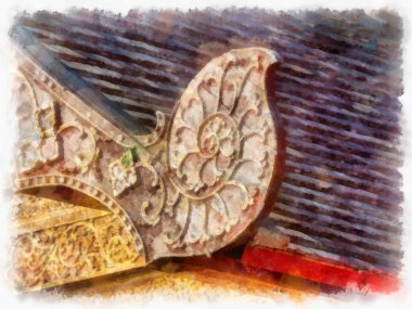 Kuzey Tayland 'ın antik mimarisi suluboya resim çizimi.