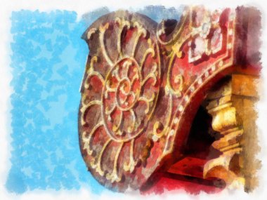 Kuzey Tayland 'ın antik mimarisi suluboya resim çizimi.