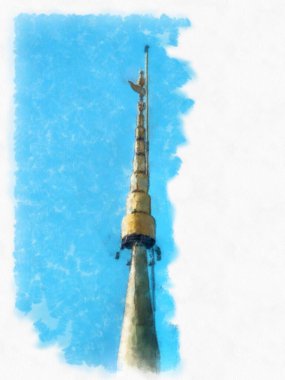 Kuzey Tayland 'ın antik mimarisi suluboya resim çizimi.