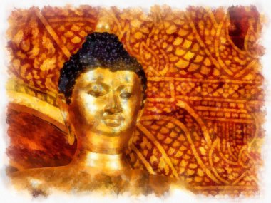 Kuzey Tayland 'ın antik mimarisi suluboya resim çizimi.