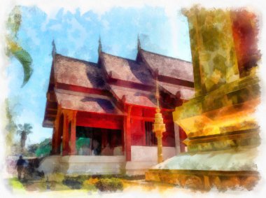 Kuzey Tayland 'ın antik mimarisi suluboya resim çizimi.