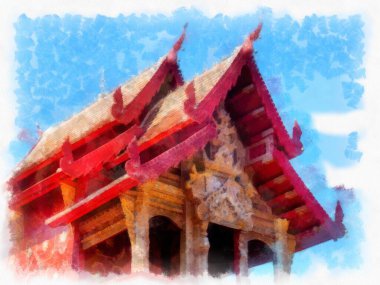 Kuzey Tayland 'ın antik mimarisi suluboya resim çizimi.