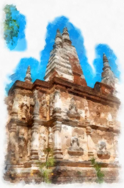 Starověká Architektura Severní Thailand Akvarel Styl Ilustrace Impresionista Malířství — Stock fotografie