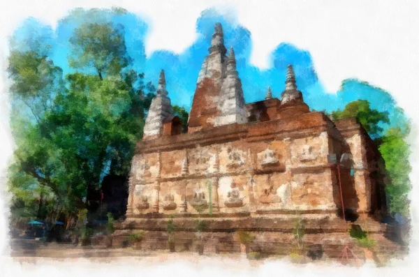 Αρχαία Αρχιτεκτονική Της Βόρειας Ταϊλάνδης Ακουαρέλα Εικονογράφηση Ιμπρεσιονιστική Ζωγραφική — Φωτογραφία Αρχείου