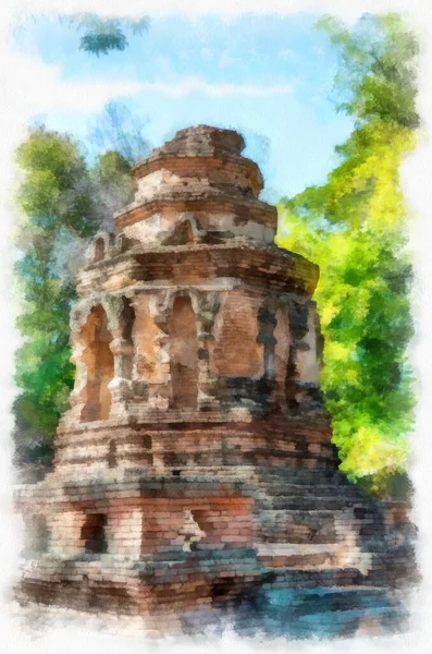 Architecture Ancienne Thaïlande Septentrionale Illustration Style Aquarelle Peinture Impressionniste — Photo