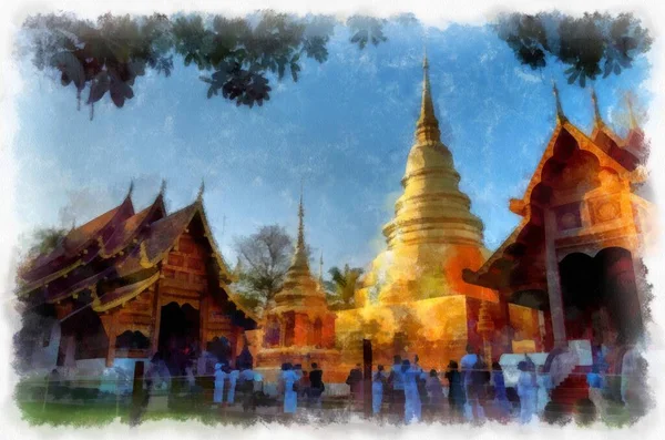 Antigua Arquitectura Tailandia Septentrional Acuarela Estilo Ilustración Pintura Impresionista —  Fotos de Stock