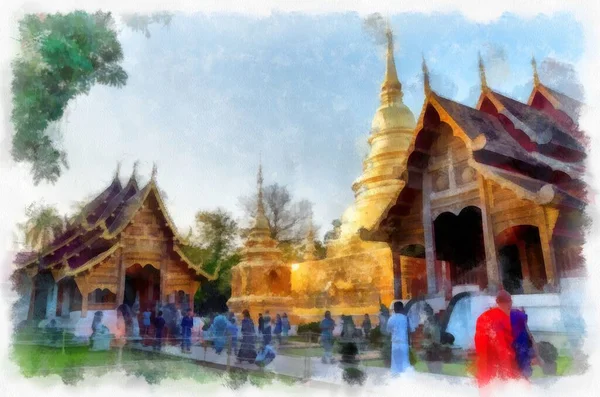 Antica Architettura Della Thailandia Settentrionale Acquerello Stile Illustrazione Impressionista Pittura — Foto Stock