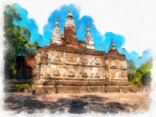 Kuzey Tayland 'ın antik mimarisi suluboya resim çizimi.