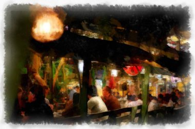 The interior of the restaurant is made of wood at night watercolor style illustration impressionist painting.